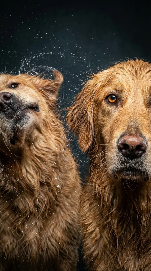 Extreme close-up portrait of two wet golden retrievers after swimming, water droplets clinging to every strand of fur, one dog shaking off water in slow motion creating a dynamic spray pattern...