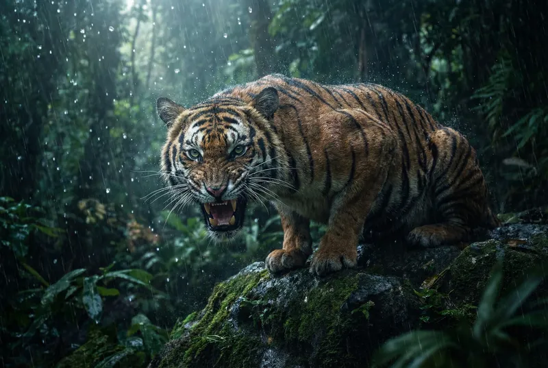 Snarling tiger on a mossy rock in a torrential jungle downpour