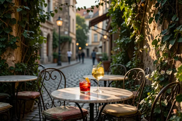 A cozy afternoon at a sunlit European café terrace, two craft cocktails on a small marble bistro table, warm golden hour lighting...