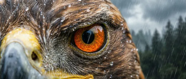An eagle, close up on the eye, rain, aggressive look