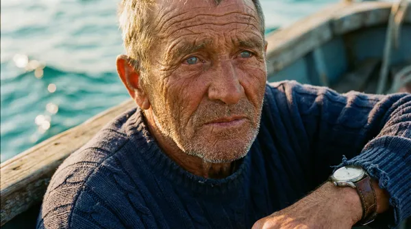 Close-up portrait of an elderly fisherman on a weathered wooden boat at golden hour. Deep wrinkles map his sun-darkened skin, every pore visible...