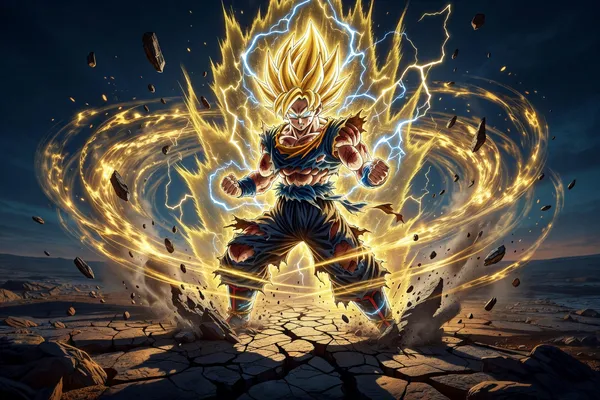 Ultra-detailed digital painting of a Super Saiyan warrior mid-transformation, golden spiky hair erupting upward with crackling electric arcs...